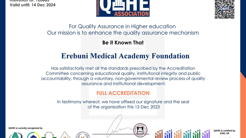 Медицинская Академия Эребуни Фонд получаил QAHE междунарвдную аккредитацию