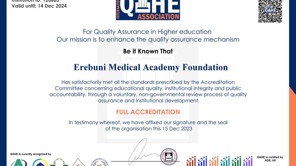 Erebuni Medical Academy Foundation receives QAHE Full Accreditation